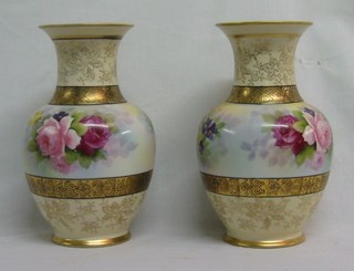 A pair of Noritake club shaped vases painted roses within gilt banding 8 1/2"