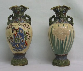 A pair of late Satsuma pottery twin handled vase with green and floral decoration 10"