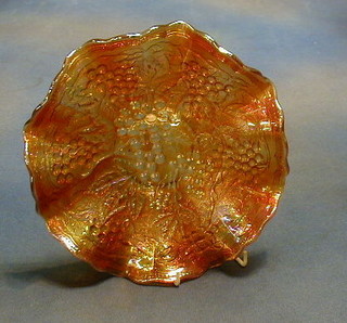 2 orange Carnival glass dishes with grape decoration 9"