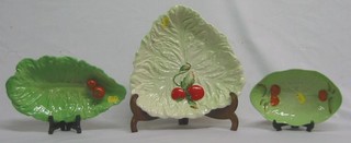 3 Carltonware green glazed leaf shaped dishes with fruit decoration