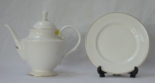 A 53 piece Mayfair dinner service, white glazed with gilt banding, comprising 2 oval dishes, soup tureen and cover, sauce boat and stand, teapot, 8 dinner plates, 6 side plates, 8 small side plates, 8 tea plates, 8 soup bowls, cereal bowl and sugar bowl 