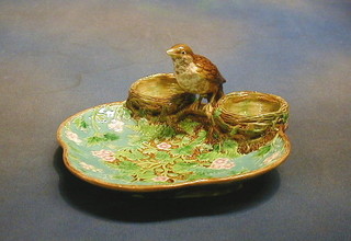 A pair of 19th Century Majolica strawberry dishes decorated seated birds, the base with kite mark 11" (f)