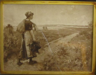 A 19th Century monochrome print of a walking country girl 15" x 18" contained in an oak frame