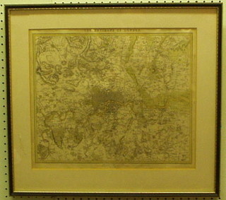A Victorian coloured map "The Environs of London" published by Baldwin and Cradock 1832 12" x 15" contained in a Hogarth frame