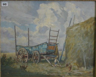 A Nicholls, oil painting on canvas "Sussex Cart, Haystack and Boy with Chickens" 16" x 21"