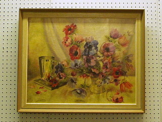 Jack Carter, oil painting on canvas "Study of a Vase of Flowers with Silver Plated Tankard" signed and dated 1949, 15" x 20"