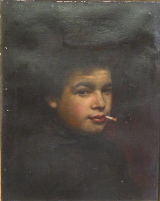 An oil painting on canvas head and shoulders portrait, "Young Man? Smoking a Cigarette" indistinctly signed, contained in a decorative gilt frame 19" x 15"