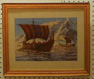 W L S Dowell, watercolour "Two Viking Long Boats" 7" x 10"