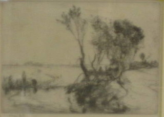A Victorian etching "Figures by Water Meadows at Dusk" 5" x 6"