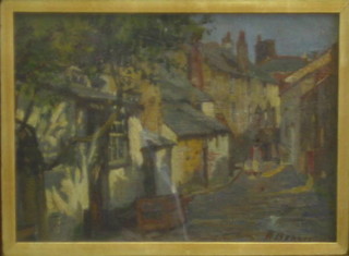 A Beruhon, oil painting on board "Street Scene with Figure" 9" x 12"