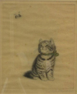 Meta Pluckebaum, a coloured print "Cat and Bee" 10" x 8"