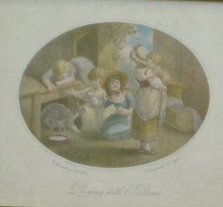 After W Hamilton, a pair of 19th Century coloured prints "Playing with Kittens" and "House of Cards" 5" oval