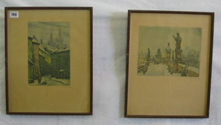 A pair of Continental coloured engravings "Street Scenes" 9" x 6" and 7" x 9"