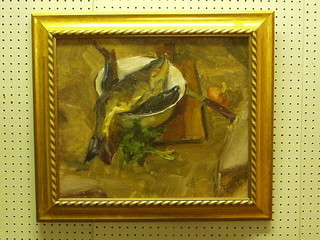 Oksana Tytenko, oil on canvas, "Bowl with Two Fish" 15" x 18"