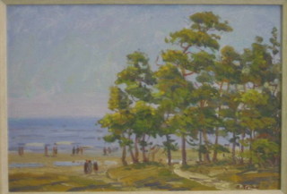 V Zhugan, oil on board "Beach with Trees" 13" x 19"