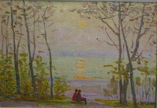 Volodymyr Zhugan, oil on board "Two Figures Sat by a Beach at Sunset" 13" x 19"