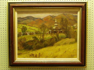 O Oiiynyig, oil on canvas "Country Church" 16" x 19"