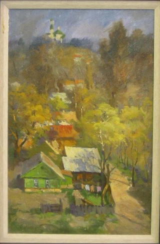 Petro Magro, oil on canvas "Village with Houses and Lane" 24" x 16"