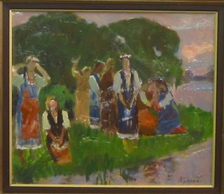 Leonid Kudryavtzev, oil on board, "Folk Dancers" 12" x 14"