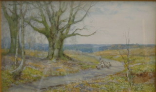 Yeeno King, watercolour drawing "Figure Driving Sheep Along a Lane" 11" x 17"