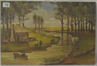 Naive oil painting on canvas "Thatched Log Cabin by a River with Dog and Ducks" 12" x 18"