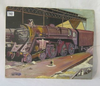 An oil painting on board "Disused Steam Locomotive" 14" x 17"