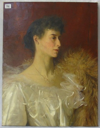 Arthur Wardle, oil painting on canvas,  Edwardian head and shoulders portrait "Lady in Evening Dress Wearing a Fox Fur Stole" 26" x 20" (reduced in size) signed and dated 1895