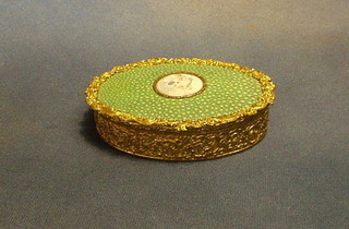 A 19th/20th Century Continental gilt oval box, the lid inset shagreen and a portrait miniature to the centre 5" oval