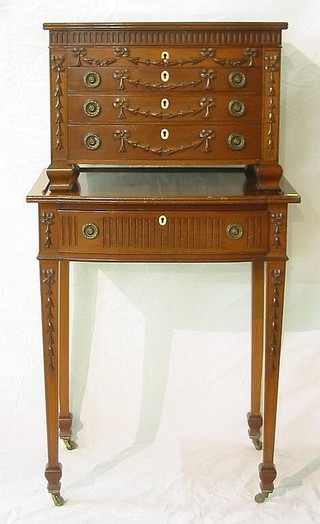 A fine quality Edwardian carved mahogany canteen box containing a part canteen of silver plated Old English pattern flatware comprising 4 dinner forks, 5 dinner knives, 2 carving knives and steel, 4 dessert spoons, 12 dessert forks, 3 dessert knives, 6 dessert spoons, 12 teaspoons, 6 salt spoons, pair of fish servers, 12 fish knives and forks, 2 jam spoons, 2 butter knives, soup ladle, 12 egg spoons, 12 soup spoons, 5 table spoons and a pickle knife