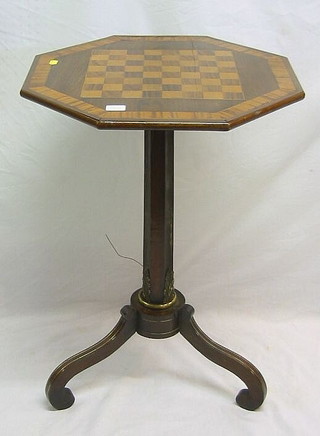 A fine quality Regency octagonal inlaid rosewood chess table, raised on a chamfered column with circular base and scrolled feet, inlaid brass throughout, 20"