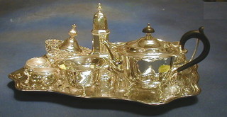 A silver plated sugar castor, 2 circular silver plated salts, 2 pierced dishes, silver plated teapot and other items of plate