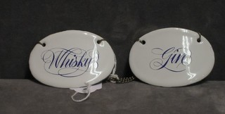 2 enamelled decanter labels "Gin and Whisky"