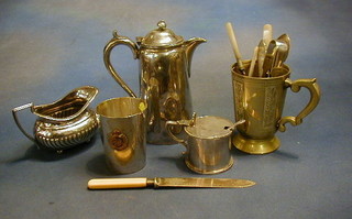 A silver plated hot water jug, a silver plated tankard, do. mustard pot, cream jug and a quantity of cutlery