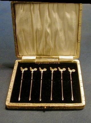 A set of 6 Sterling silver cocktail sticks, the handles in the forms of hens, cased