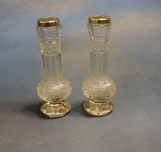 A pair of cut glass vases with silver collars, 6"