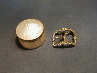 A shoe buckle set brilliants and a circular mother of pearl trinket box 3"