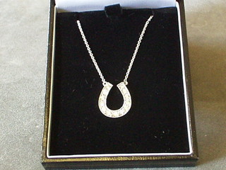 A lady's white gold pendant set numerous diamonds in the form of a  horse shoe (approx 0.53ct)