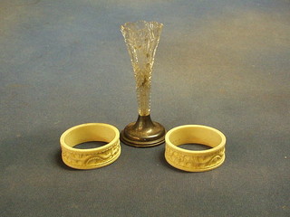 A cut glass specimen vase and 2 ivory napkin rings