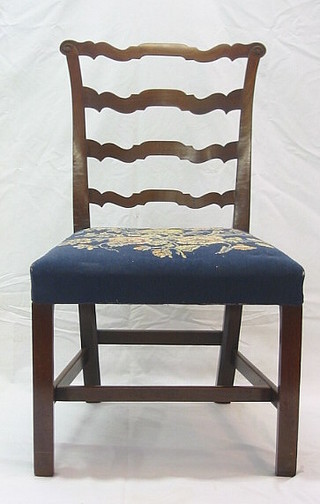 A set of 6 19th Century mahogany London ladder back dining chairs, the seats upholstered in Berlin wool work, (1 carver, 5 standard)