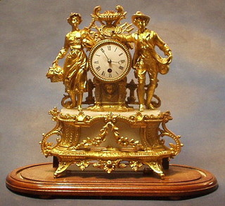 A French 8 day mantel clock with porcelain dial and Roman numerals contained in a gilt spelter and alabaster case, supported by 2 figures of farmers complete with glass dome