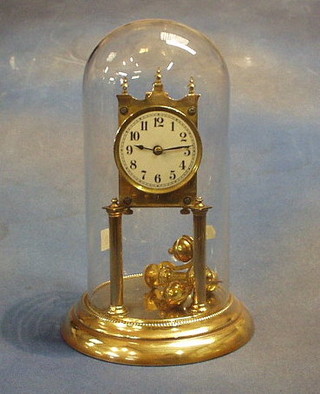 A 19th/20th Century 400 day clock with enamelled dial and Roman numerals raised on brass columns, complete with dome