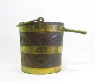 An oak coopered bucket, converted for use as a coal hod with brass carrying handle