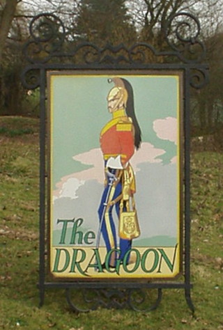 An enamelled and iron double sided pub sign "The Dragoon" (removed from The Dragoon Public House Market Street Worthing) 62" x 39" slight enamel blister to one side 3",
