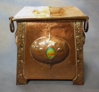A fine quality Art Nouveau iron and embossed copper coal bin, the front set hardstone (1 f) complete with zinc liner and iron drop handles 12"