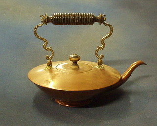 A Victorian circular copper kettle with brass and turned wooden handle 9"
