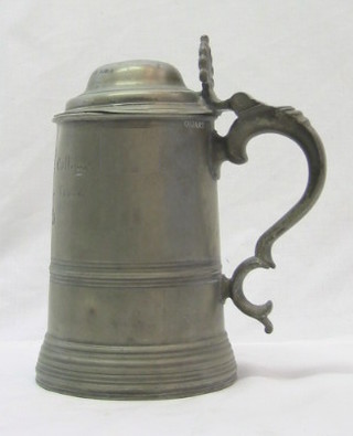 A Victorian pewter lidded tankard with shell thumb piece engraved Cavendish College Scratch Fours 1879