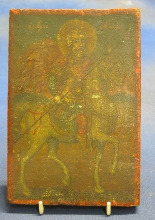 A 19th Century Orthodox double sided Icon on wooden panel, 1 side decorated "St George" the other a cross and with script 8" x 5"