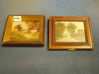 2 Dutch oil paintings on board "Buildings with Figures" 4" x 4 1/2"