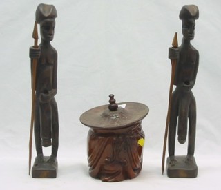 A carved rootwood trinket box in the form of a seated Cooli, and other carved items