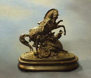 A 19th Century spelter figure of a reclining lady with rearing horse (leg f) 6"